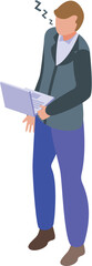 Sleeping workaholic man with laptop icon isometric vector. Tired busy. Process position