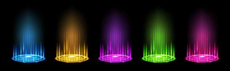 Color hologram effect and portal set. Magic fantasy portal with neon round blue, yellow, pink, purple and red glow ray night. Magic circular podium for teleportation with a hologram effect. Vector © Jer