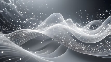 Digital abstract background of white lines shaped in random waves with small shiny particles in a dark background
