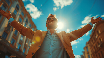 Japanese Businessman in Suit Celebrating with Arms Raised Towards the Sky