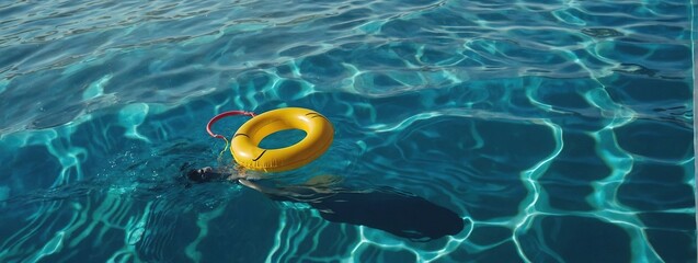 yellow swimming pool ring float in blue water, concept color summer