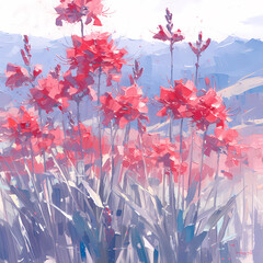 Gorgeous oil painting of red flowers with a vivid mountain backdrop