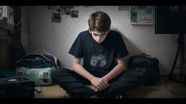 Sad teenage boy feeling lonely and depression in his room at home flipbook animation. Social distancing concept.High quality 4k footage