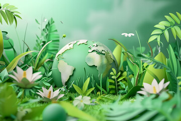 World Environment Day, A world surrounded by lush trees and forests, There's a clear sky It shows the abundance and clean air if everyone helps take care of and preserve the world