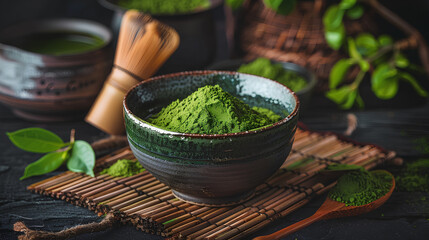
Bowl of green matcha powder with tea accessories