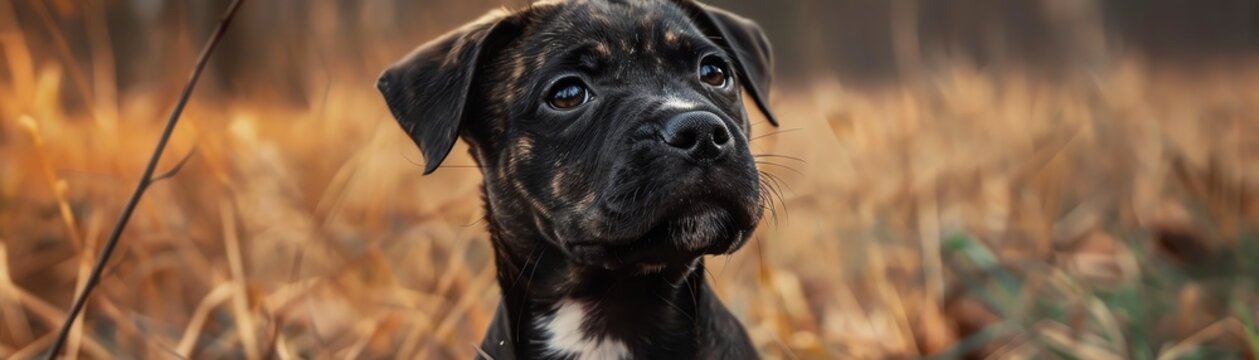 Cute puppy of Bandog breed, with serious face expression, white spot on the chest, brown eyes Exotic new breed, outdoor