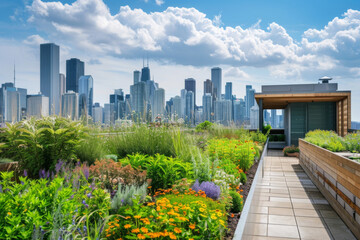 Serene balcony garden teeming with vibrant flowers and plants against a backdrop of skyscrapers under a blue sky with fluffy clouds, showcasing a perfect blend of nature and city life