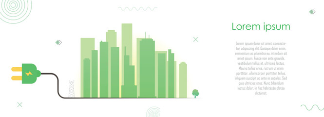 Green city concept, clean and renewable power source, sustainable energy, eco friendly, save nature, reduce global warming and environment pollution, horizontal banner