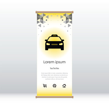 Vertical roll up banner, Car sign, taxi logo, cab service, vehicle rent, black and yellow, copy space for text, business advertising
