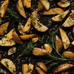 Potato wedges, oven roasted, with thyme, a close-up in a baking tray on black background. Seamless texture. AI generated