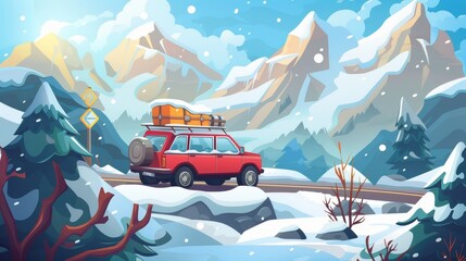 In winter, a red car with luggage on top drives along a dangerous winding road through the mountains. Cartoon modern illustration of rocky hills landscape with serpentine highway, caution sign, and