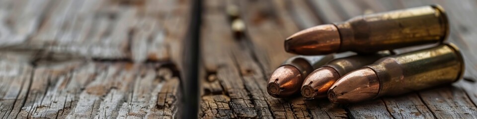 Rifle cartridges. Ammunition for weapons on a wooden surface. Dark background.