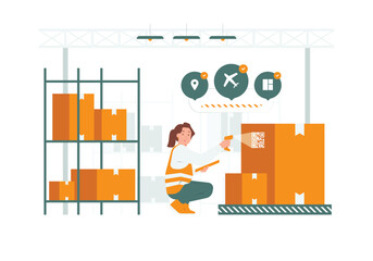 Female employee work sorting at retail warehouse logistics transportation product distribution center concept illustration