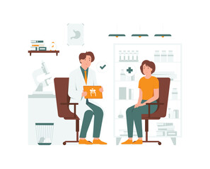 Obraz premium Doctor talking while explaining medical treatment with digital tablet to patient in the consultation, online healthcare concept illustration