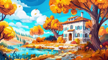 A fall village landscape with a house and tree scene. View of the Mediterranean countryside building panorama in the background. A winter vacation park in the harbor in Spain or Italy.