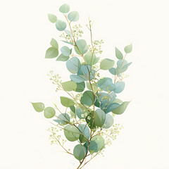 A delightful array of eucalyptus twigs and lush greenery in a vibrant watercolor illustration. Perfect for nature enthusiasts and design aficionados alike!