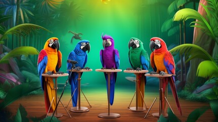 The parrots are arranged in a row, with each one having a different color