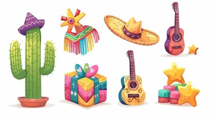 Isolated graphic of Mexican pinata for children's birthday party. Mexican cinco carnival game with candy. Cactus, sombrero, cube, star, guitar traditional decoration set for hitting.