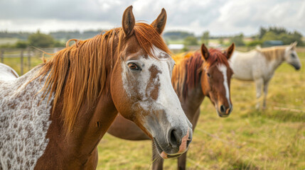 A group of horses, including chestnut and white, grazing peacefully in a lush green pasture with cloudy skies.