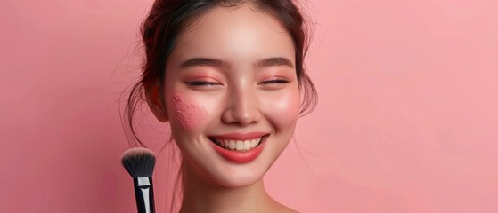 Fototapeta premium The beauty of a multicultural Asian brunette using a blushing makeup brush in a wellness, cosmetics, spa and natural skincare concept on an isolated background with soft colors.