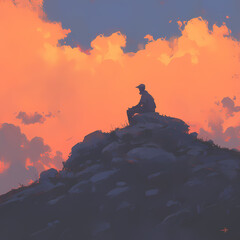 Enchanting Solitude: A Person Enjoying the View of a Spectacular Sunset from High Above