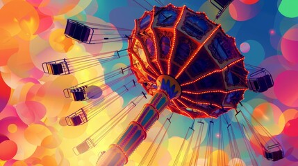 A colorful carnival ride with many swings and lights
