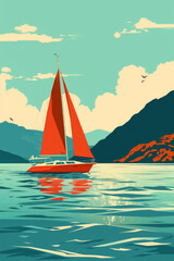 Naklejka premium Vintage retro nautical adventure sailboat illustration poster with tranquil seafaring maritime red sails cruising calm waters and picturesque mountains under clear skies for travel. Sea. Ocean