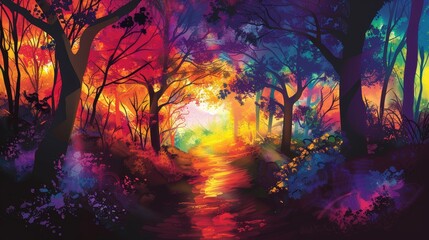 Obraz premium A colorful forest with a rainbow path