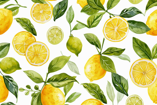 Lemon fruits tropical summer seamless pattern vector with hand drawn watercolor style illustration