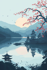 Vintage-inspired poster depicting a serene landscape with sakura blossoms, a traditional pagoda, and a mountain-lined lake, capturing the essence of a peaceful, idyllic asian countryside at sunset