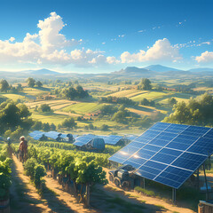 Bright and Sunny Solar Powered Vineyard in a Hilly Area with Rolling Fields and Trees