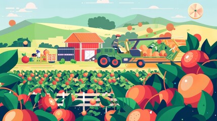 A vibrant scene of a fruit orchard at harvesting time, with machinery and workers collecting produce, accompanied by infographics on fruit variety, nutritional values, and market demand.