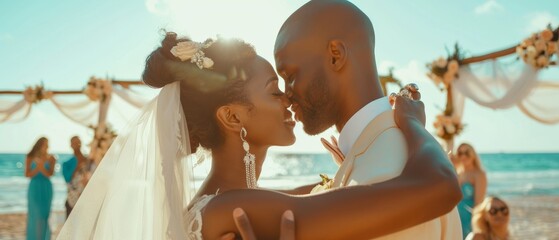An outdoor wedding ceremony on a beach is a romantic venue for a couple to get married, exchange rings, kiss and celebrate with their multicultural friends. - Powered by Adobe