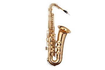 Melodic Elegance: A Gold Saxophone. On a White or Clear Surface PNG Transparent Background.