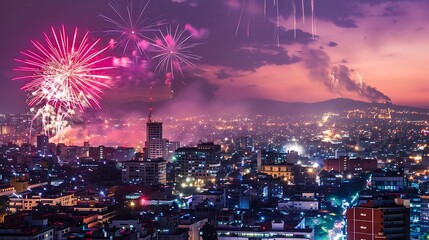 Fireworks Illuminating the Cityscape Against a Mountainous Backdrop