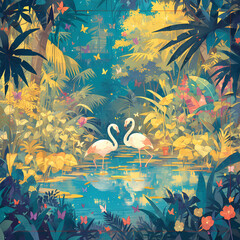 A Captivating Nature Illustration Showcasing Two Flamingos in a Lush, Colorful Jungle Setting