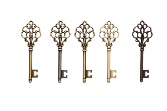 Enigmatic Elegance: A Row of Antique Keys. On a White or Clear Surface PNG Transparent Background.