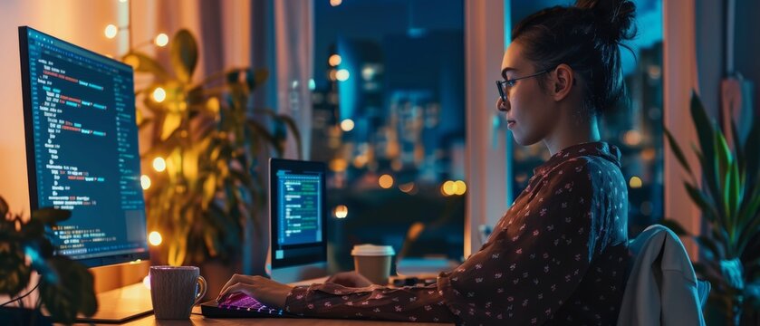 Women code on desktops in stylish loft apartments in the evening, wearing cozy clothes, and working from home on software development. View of the urban city from big window.