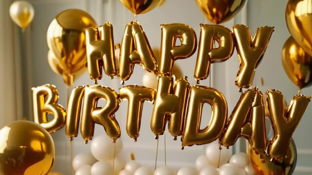 Beautiful golden helium balloons in the shape of happy birthday letters. Festive decoration of a room for an anniversary. Festive holiday decor. Hb celebration. Welcoming greeting party.