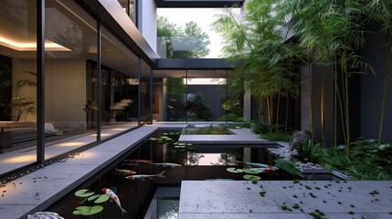Fototapeta premium A sleek home with an entrance courtyard featuring a minimalist koi pond and bamboo plants