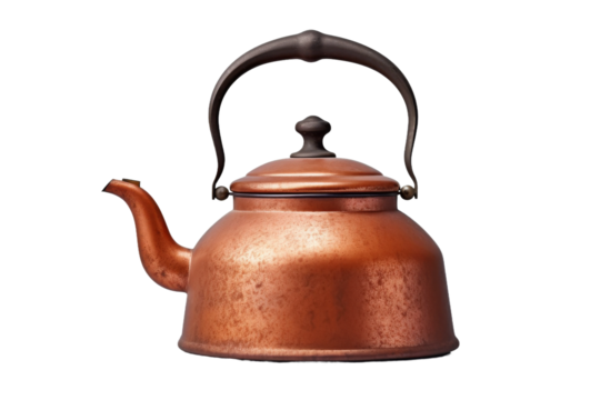 The Rustic Charm of the Copper Tea Kettle. On a White or Clear Surface PNG Transparent Background.