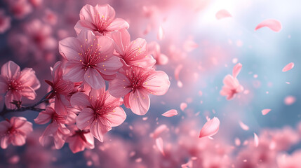 Sakura Petals Dancing in the Blue Sky - Springtime Vector Illustration with Pastel Shades