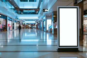 Luminous digital screen panel stand mockup inside a shopping center