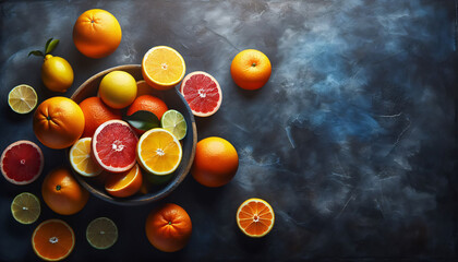 Obstschale mit Orangen,  blutorangen und Zitrusfrüchten auf blauem Hintergrund, copy space
