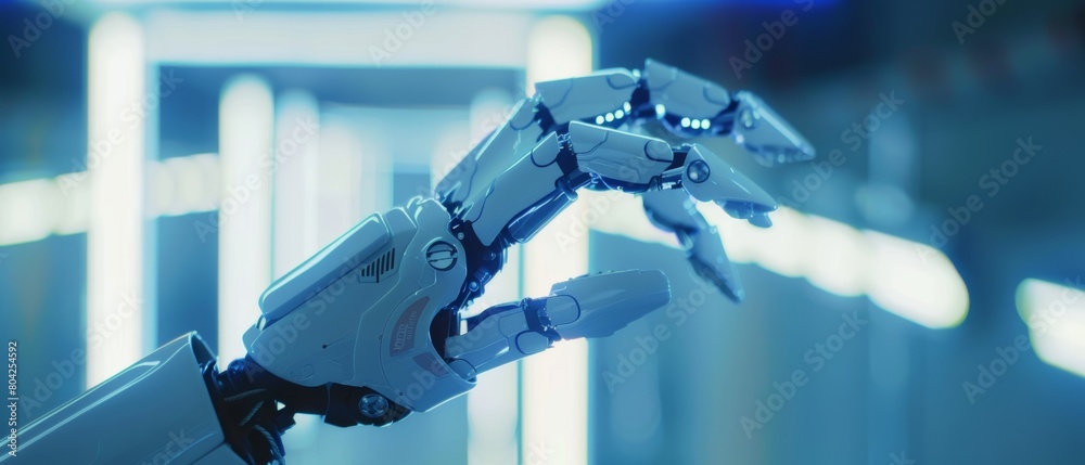 Poster founder of ai robotics technology concept presents innovative robot arm to startup workers at confer