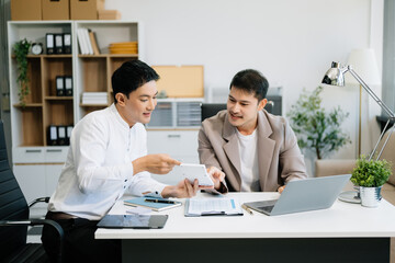 Kind leader executive manager share and discuss business solutions plan ideas on tablet