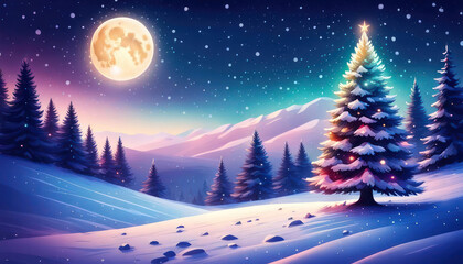 Beautiful christmas tree outdoors with full moon
