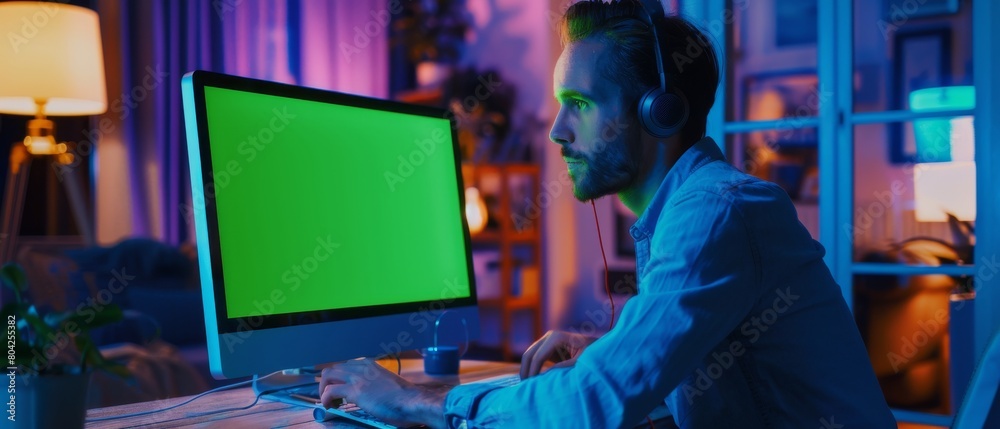 Poster using desktop computer and chroma key monitor in a studio setting. remotely working manager listenin