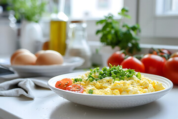Scrambled eggs with tomatoes, breakfast, egg dish