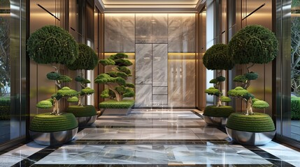 A sleek luxury home entrance with a topiary garden and a marble walkway